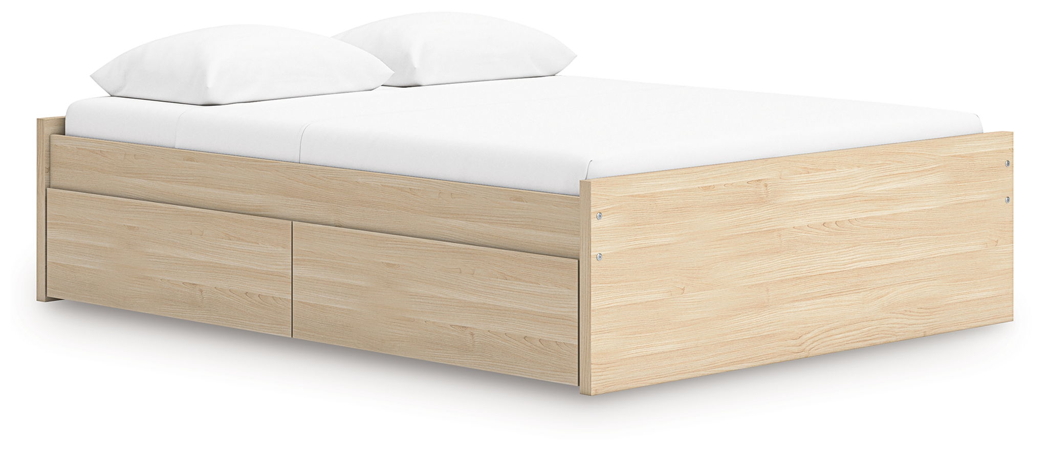 Light brown platform bed with upholstered headboard and side drawer panels