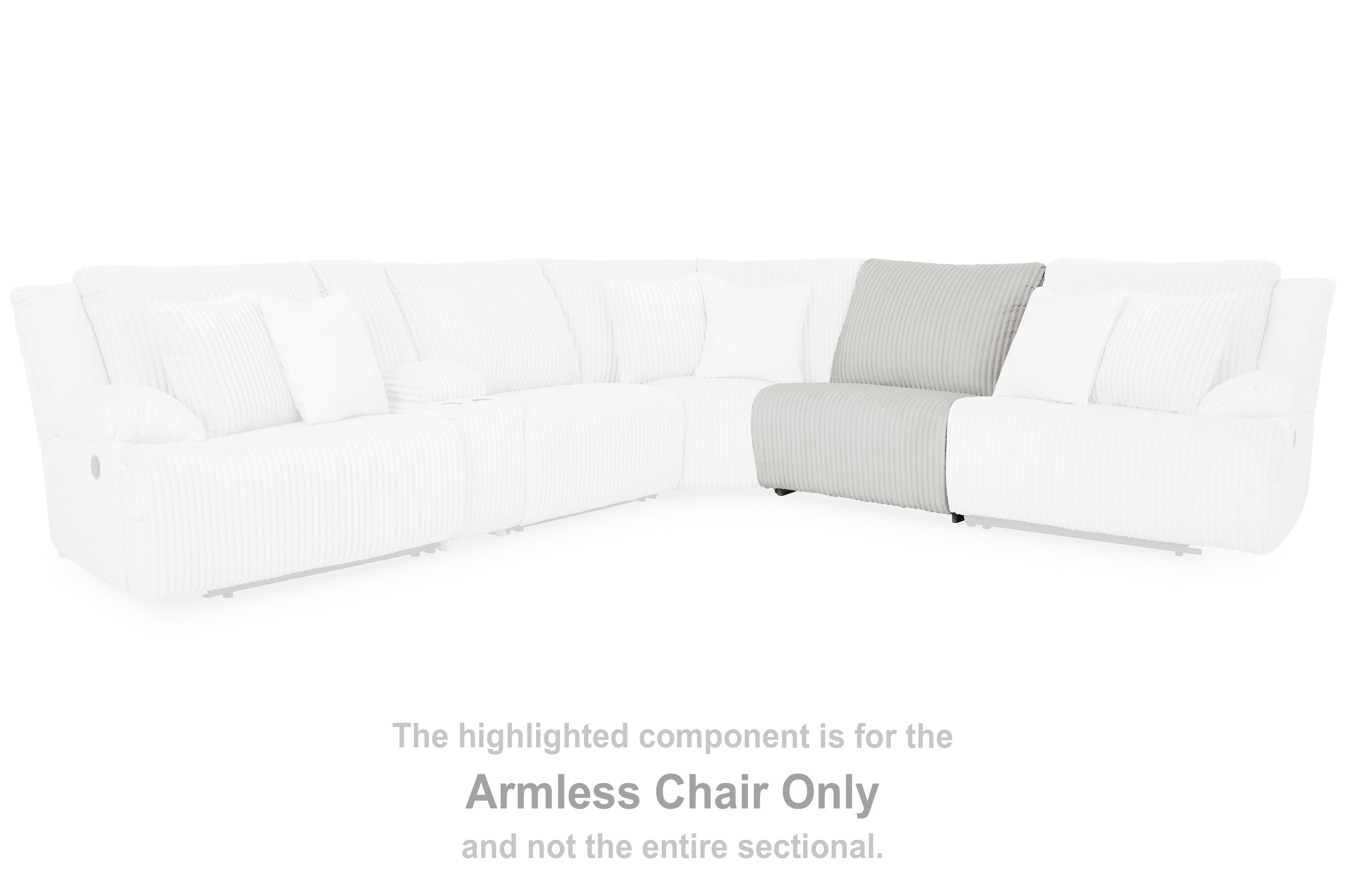 Armless chair section with white ribbed upholstery and gray back cushion
