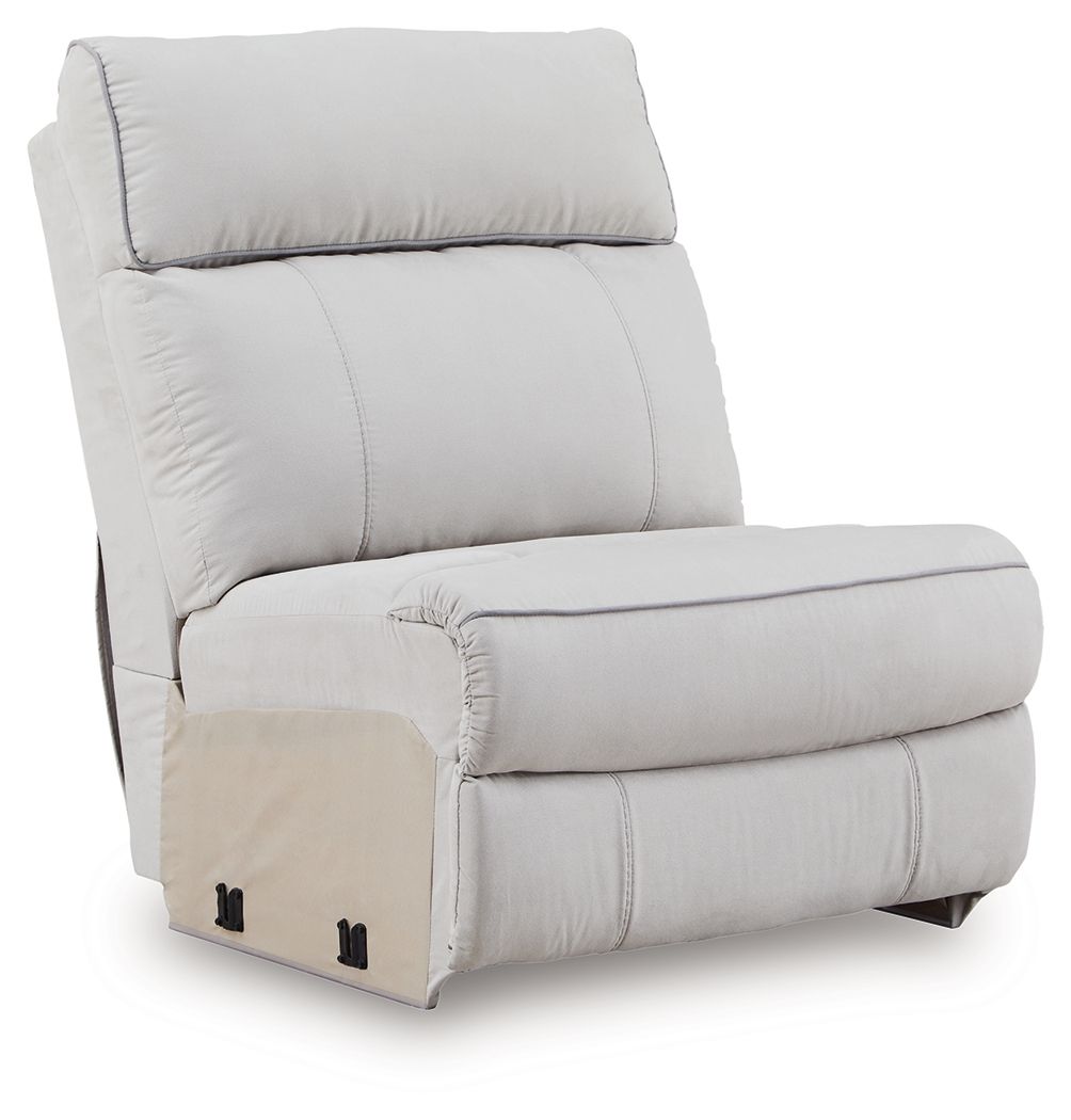 Pearl armless chair with cushioned back and seat, track arms, and dark feet