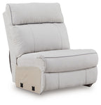 Pearl armless chair with cushioned back and seat, track arms, and dark feet