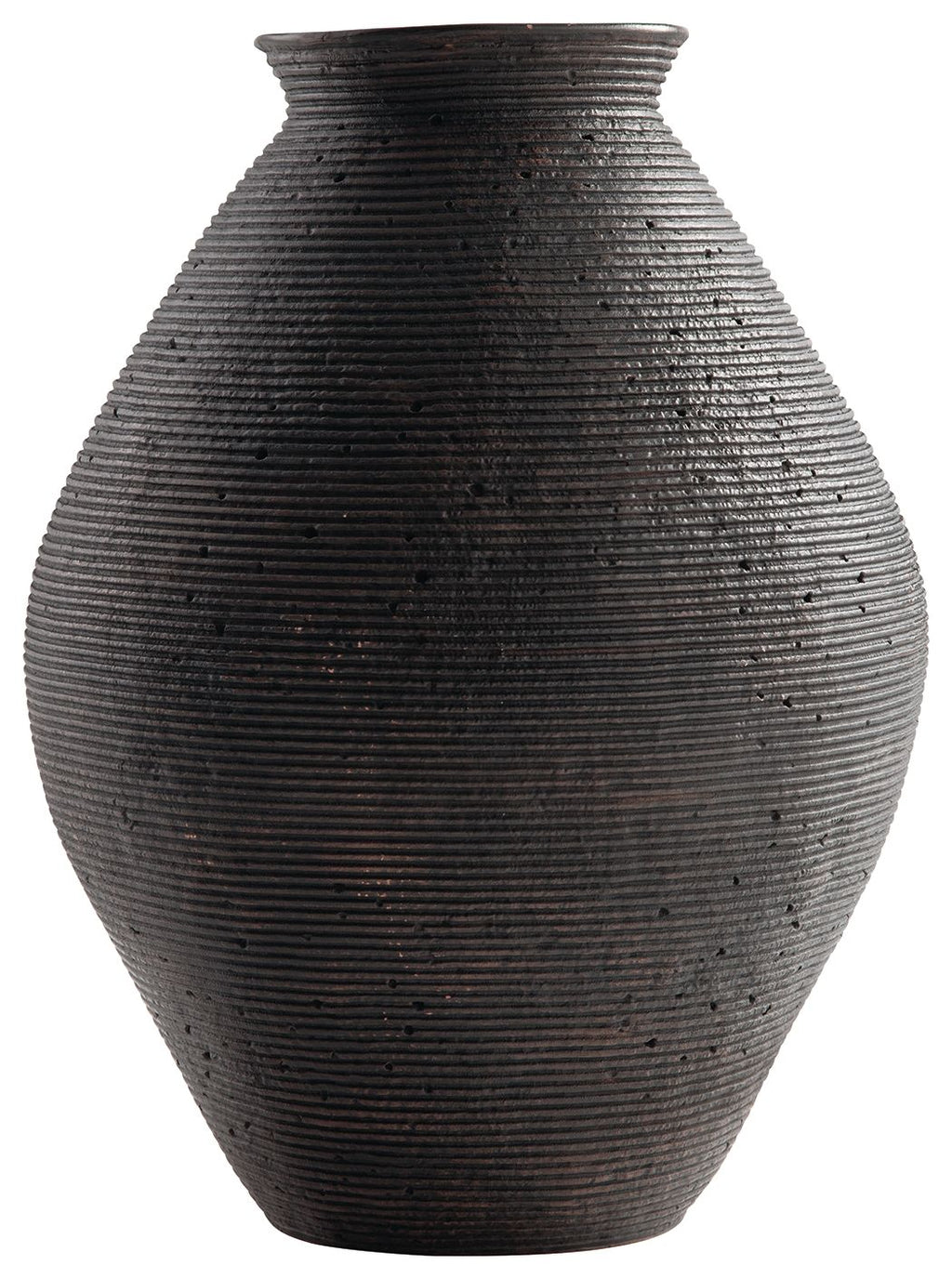Dark ceramic vase with ribbed texture and rounded, tapered silhouette