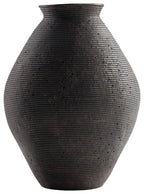 Dark ceramic vase with ribbed texture and rounded, tapered silhouette