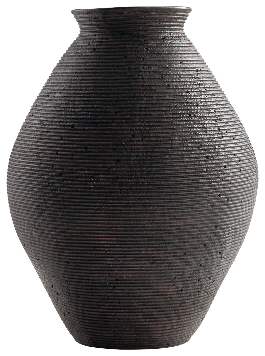 Dark ceramic vase with ribbed texture and rounded, tapered silhouette