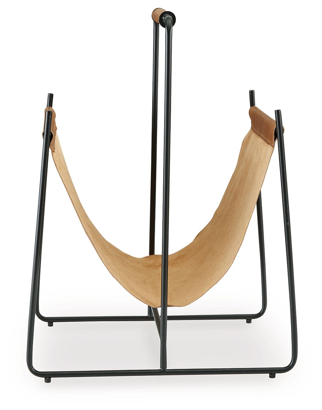 Brown magazine rack with black metal frame and curved front holders