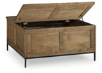 Brown lift-top cocktail table with raised top and visible lift mechanism