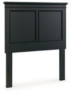 Black twin panel headboard with two framed panels and flat top, supported by four legs