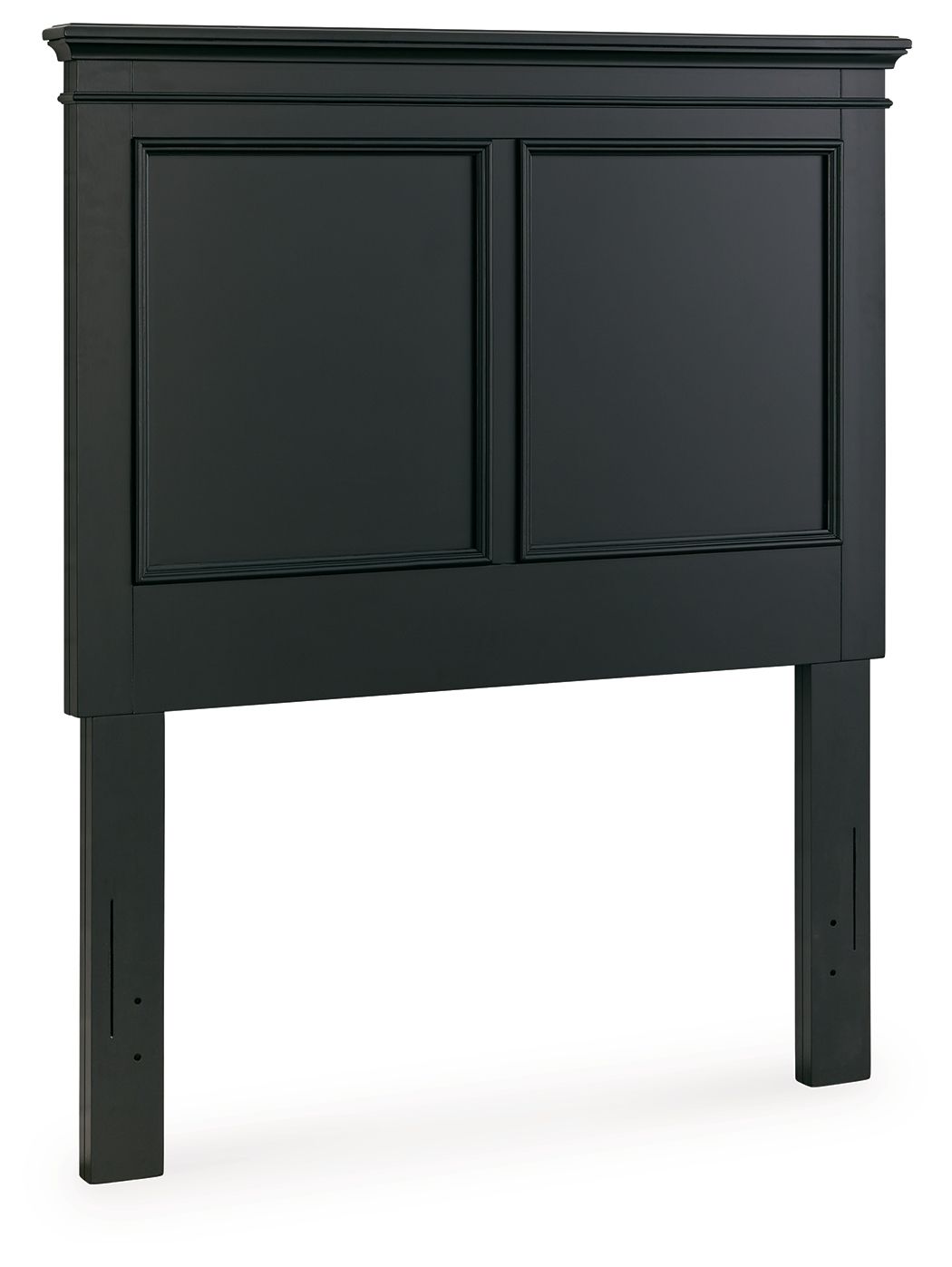 Black twin panel headboard with two framed panels and flat top, supported by four legs