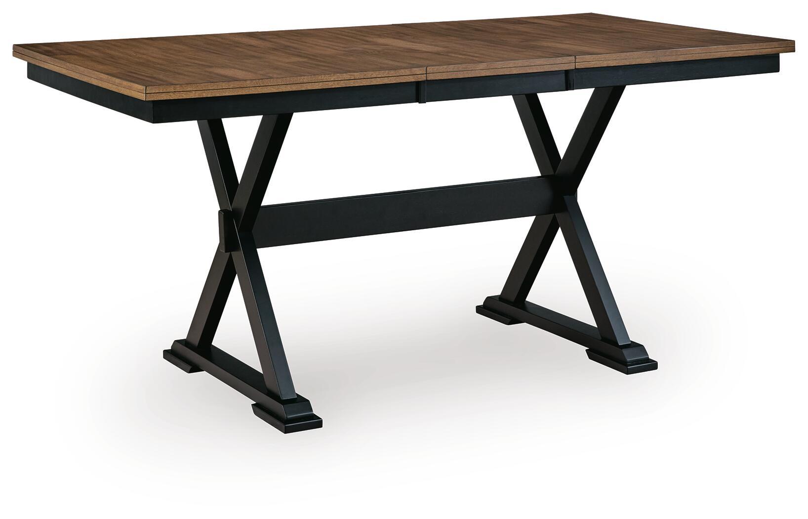 Dark brown dining table with extension leaves and black angled pedestal legs