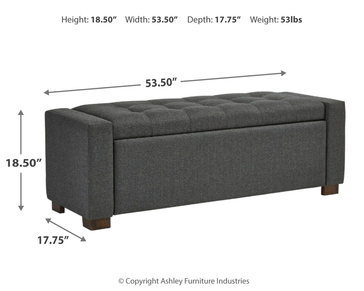 Gray upholstered storage bench with tufted seat cushion and dark wooden feet
