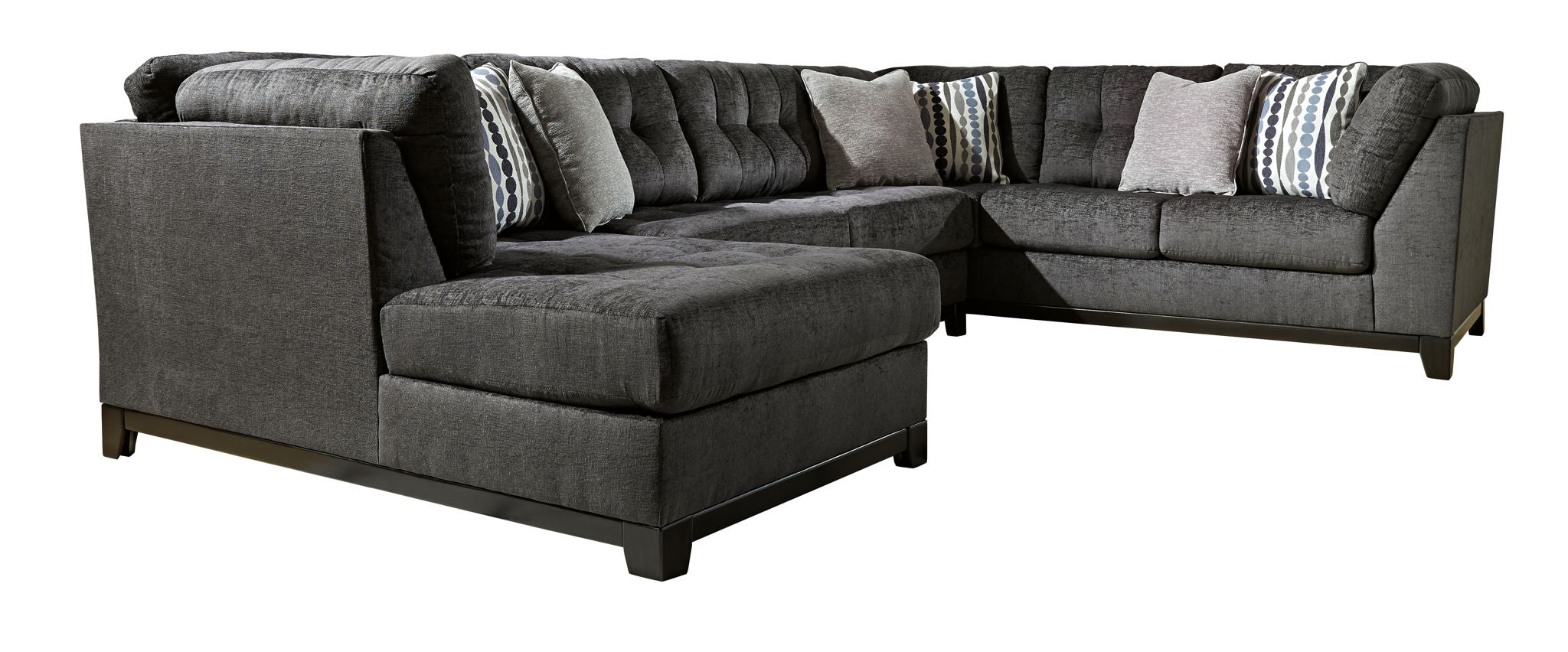 Gray sectional sofa with corner chaise and channel-textured back cushions
