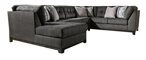 Gray sectional sofa with corner chaise and channel-textured back cushions