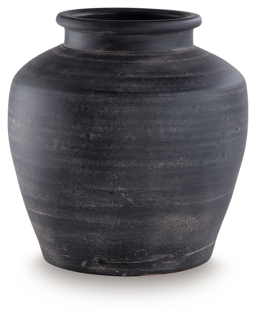 Black ceramic vase with rounded body and wide top opening