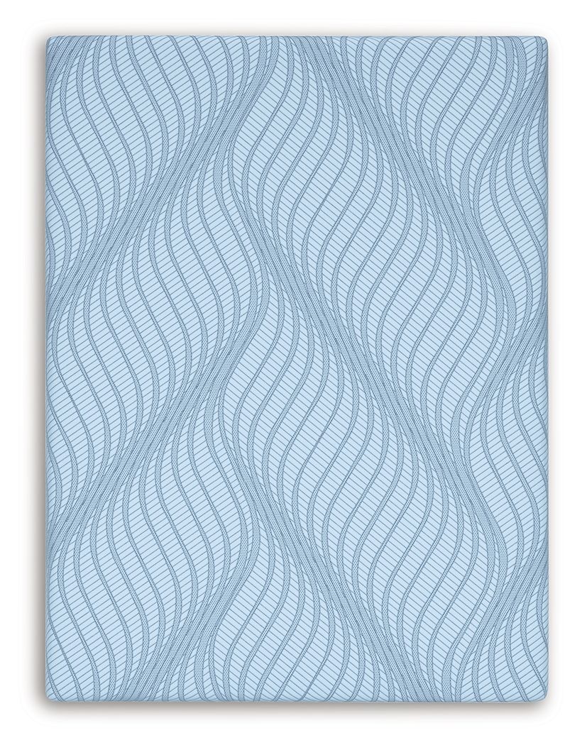 Blue memory foam mattress top with repeating wave lines fabric
