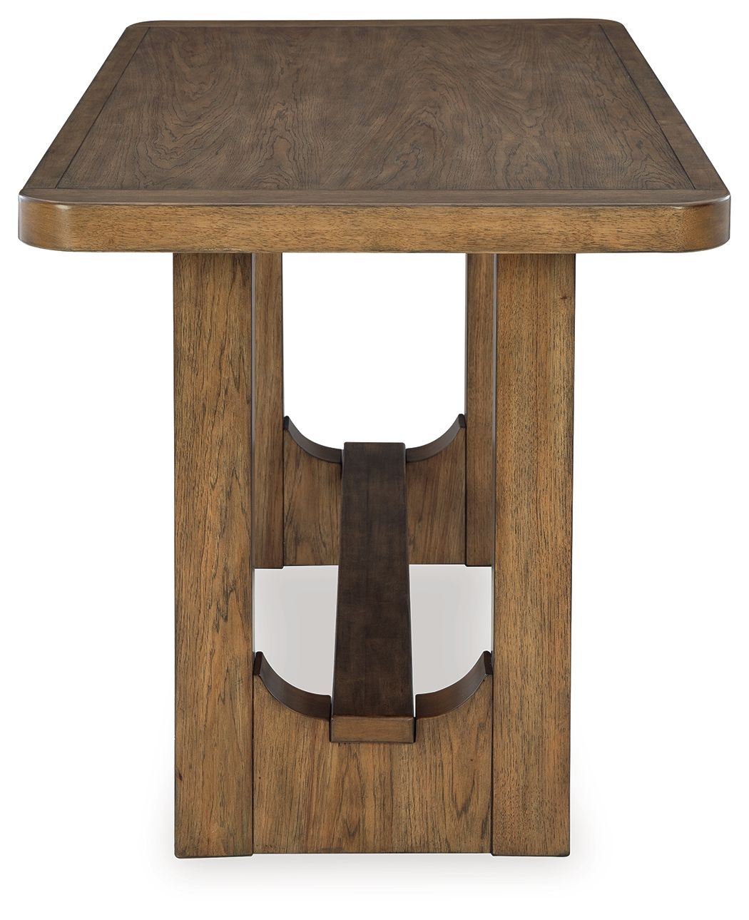 Rectangular dining table with dark brown tabletop and carved wood pedestal legs