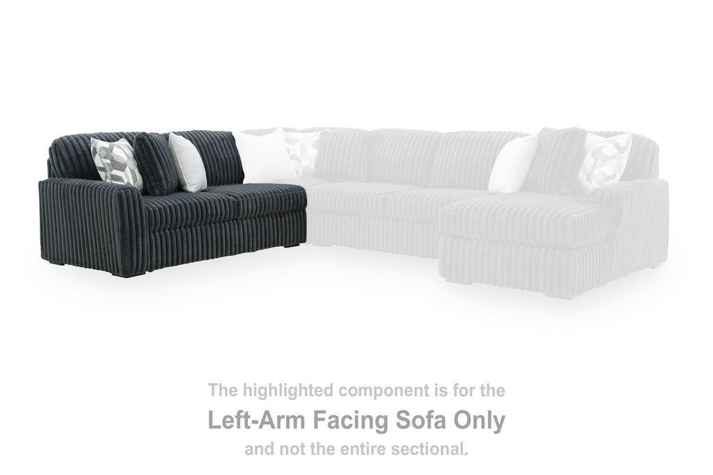Ribbed corduroy LAF sofa with chaise, gunmetal-gray upholstery, two throw pillows