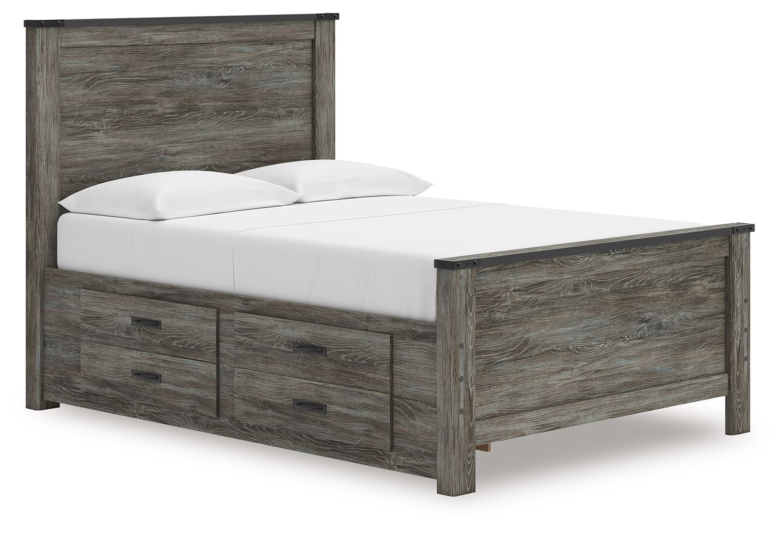 Gray panel bed with two front drawers and white mattress