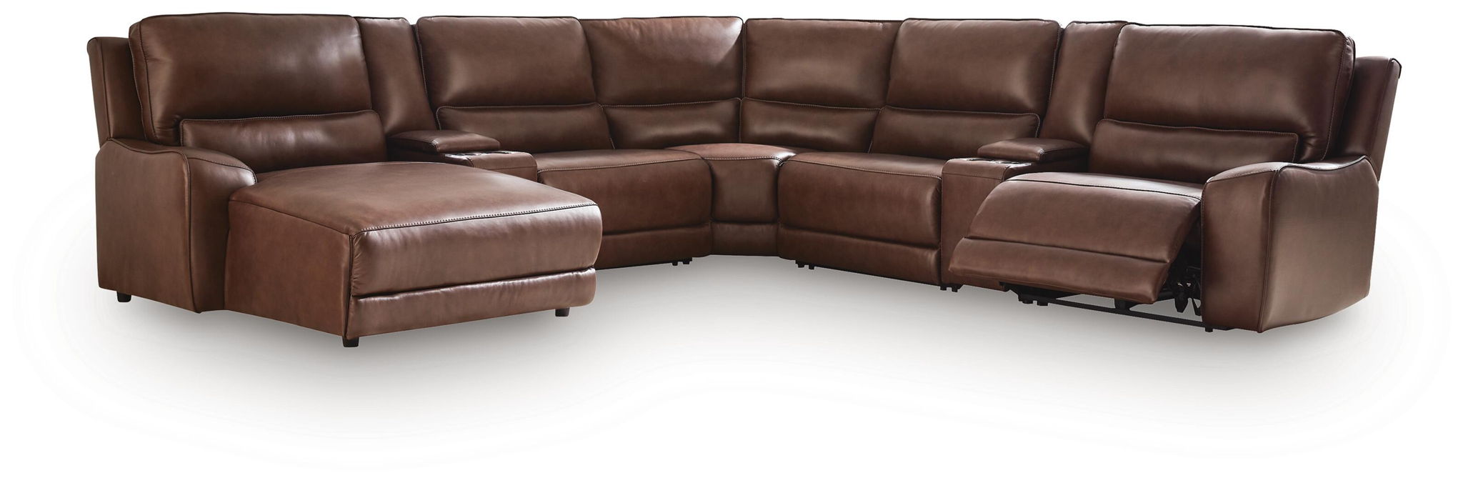 Dark brown power reclining sectional with multiple recliner seats and ottoman chaise