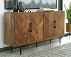 Brown accent cabinet with four panel doors and black bar handles