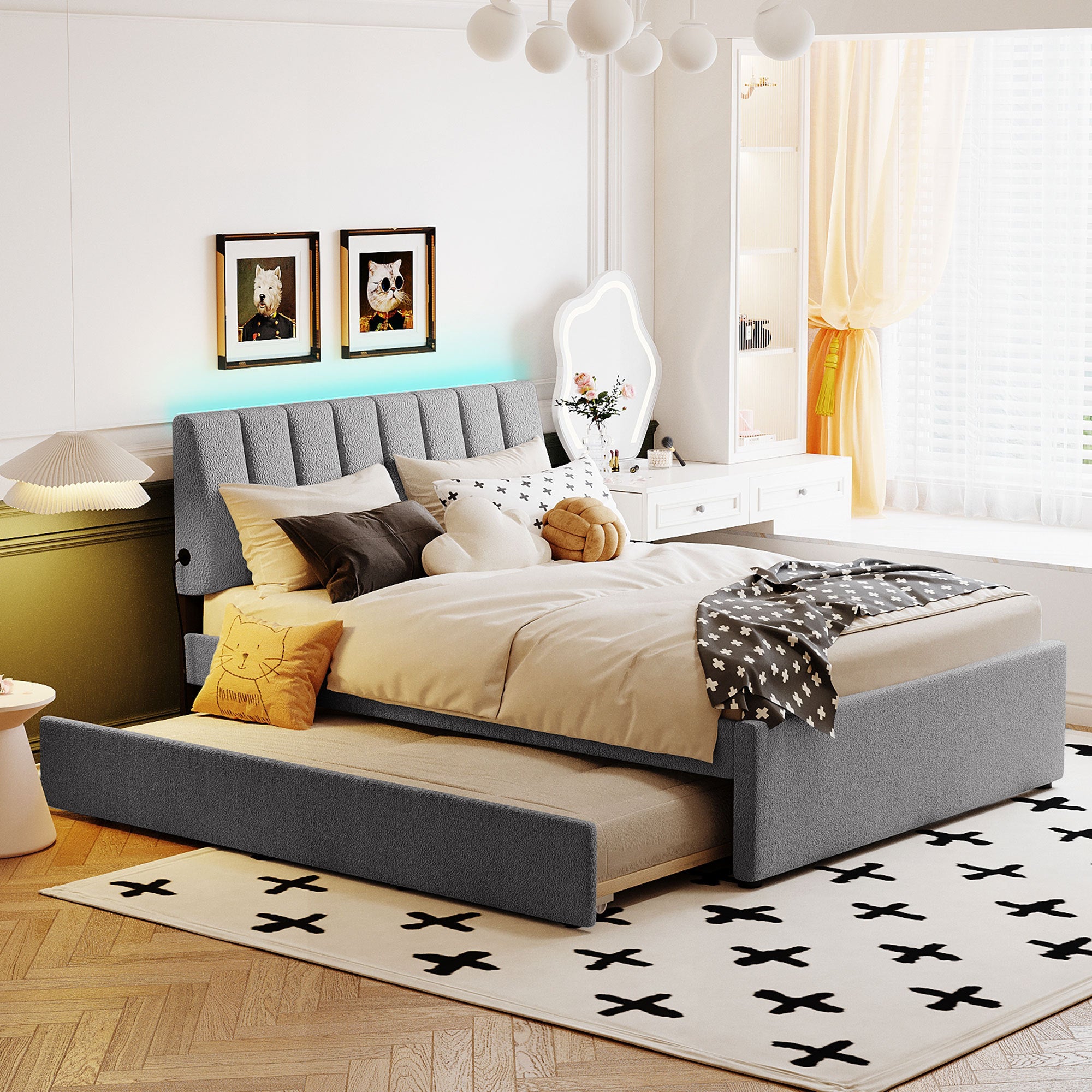 Gray Teddy Fleece Platform Bed w/Twin Trundle