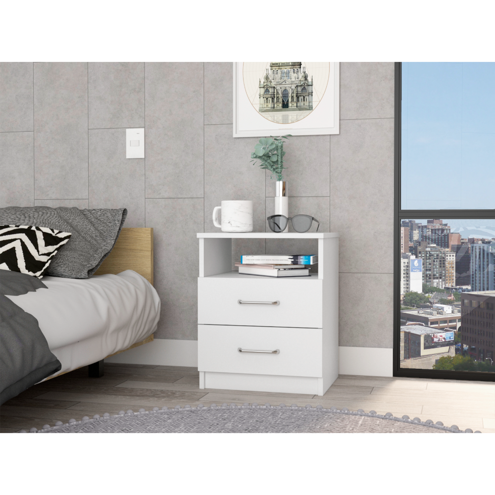 White 2-Drawer Nightstand with Open Shelf, 20" High