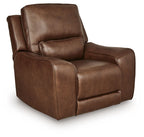 Caramel power recliner chair with tall adjustable headrest and padded arms.