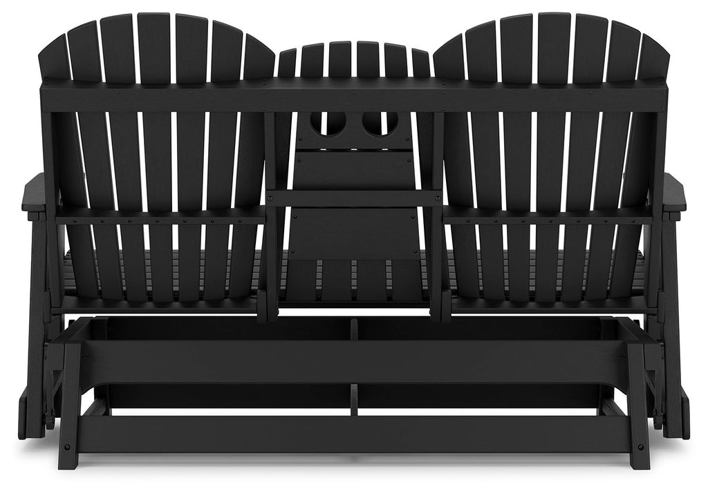 Black glider loveseat rear view with vertical slat panels and central support bar