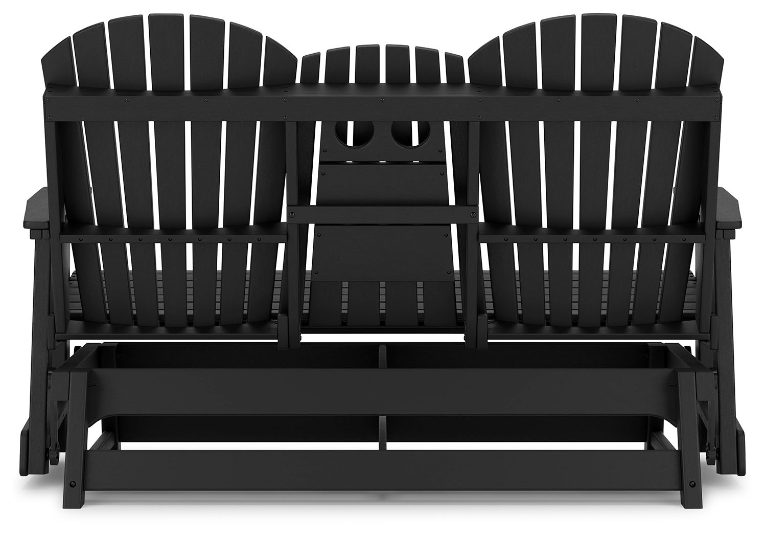 Black glider loveseat rear view with vertical slat panels and central support bar