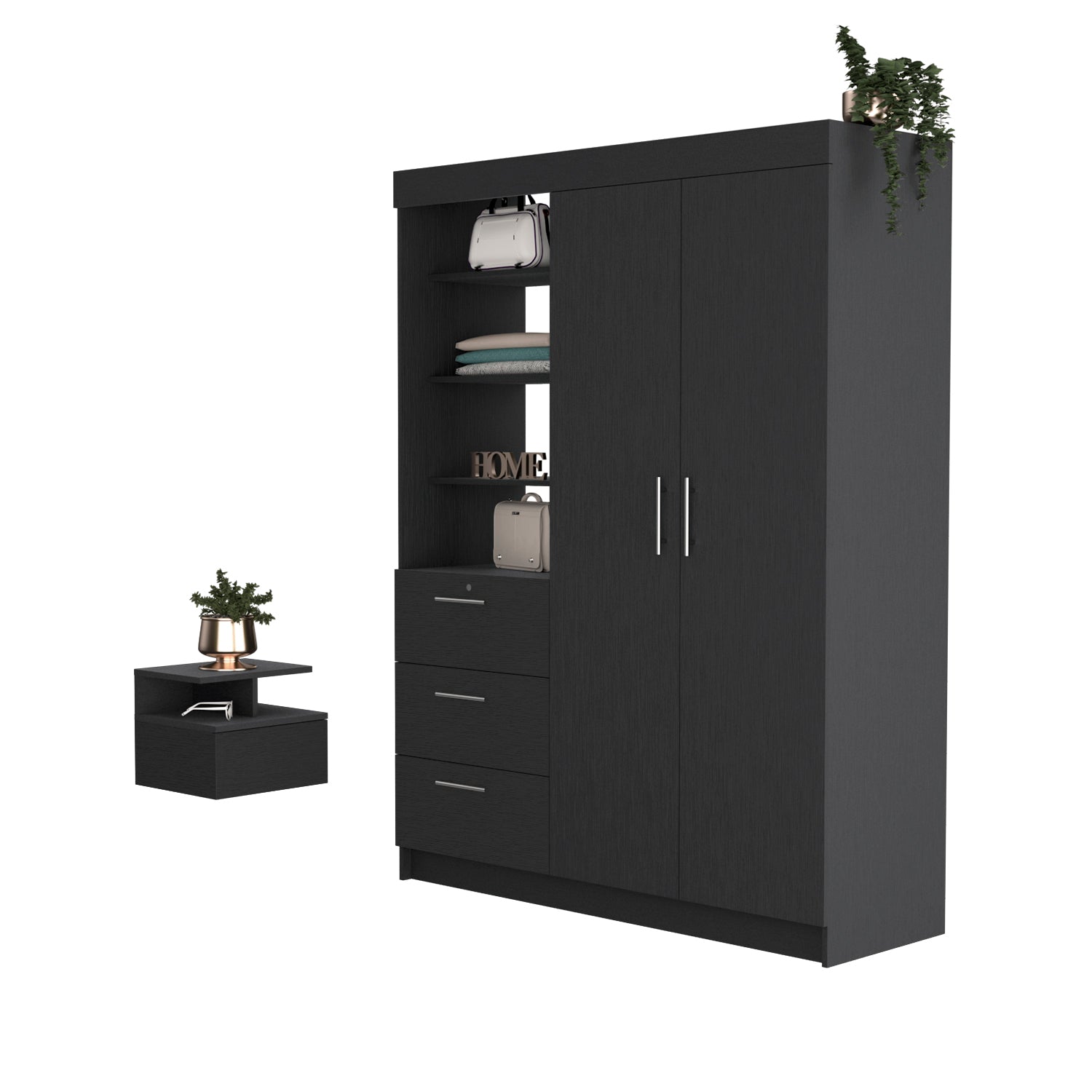 Kenya Black 2-Piece Bedroom Set: Armoire, Nightstand