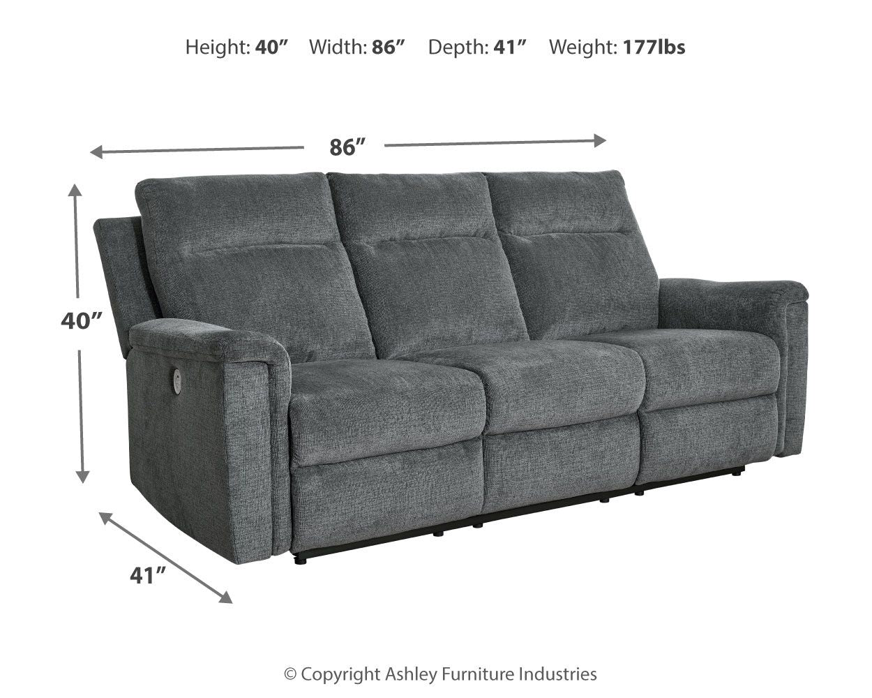 Power reclining sofa with three back segments and padded arms, gravel gray fabric
