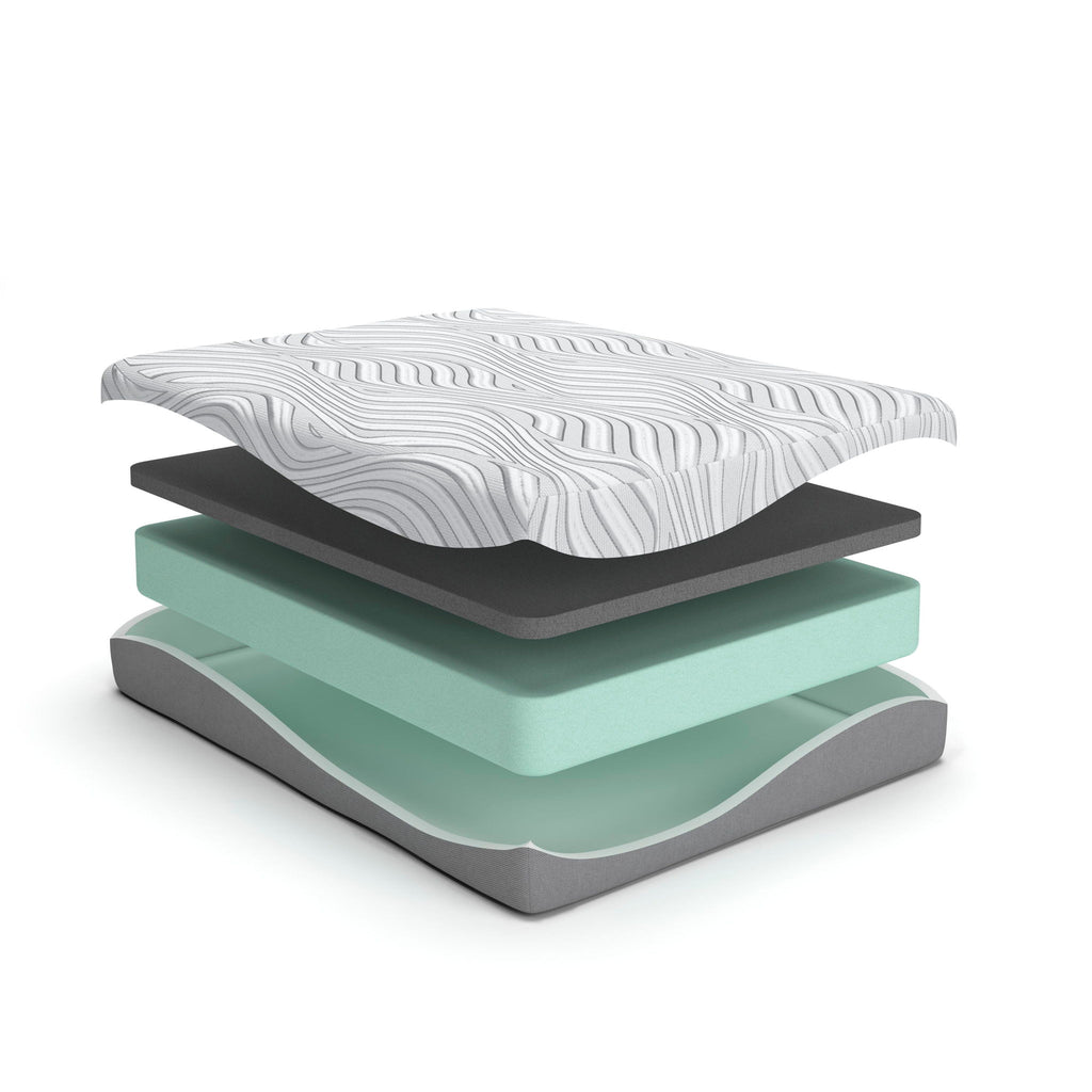 12-inch memory foam mattress showing layered foam (gray/teal) under white wave cover