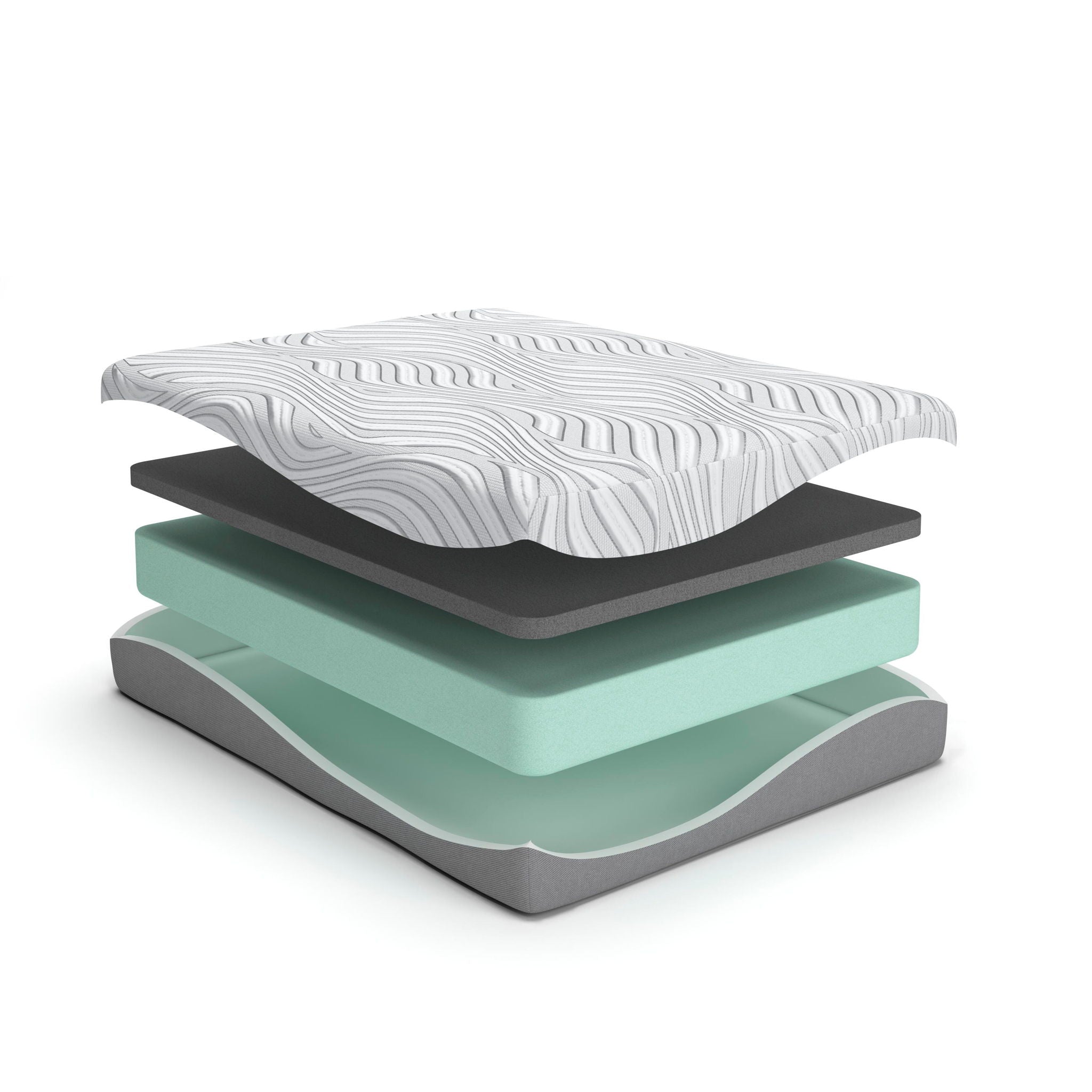 White quilted hybrid mattress with gray base and layered foam stacks, side view