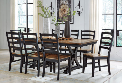 Dining table set with multiple dark wooden chairs