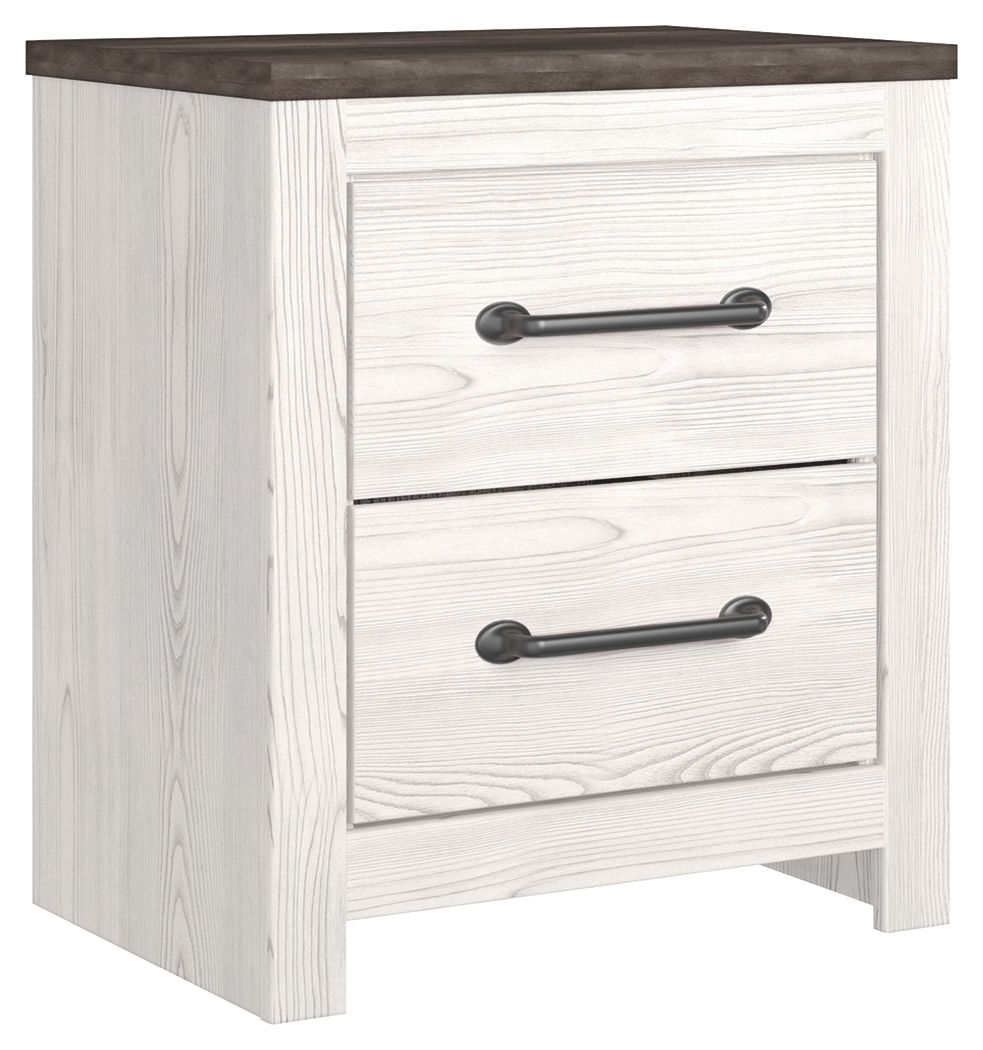 White two-drawer night stand with gray-brown top and dark bar handles