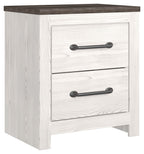 White two-drawer night stand with gray-brown top and dark bar handles