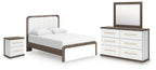 Upholstered platform bed with white panel headboard, plus matching nightstand and dresser mirror