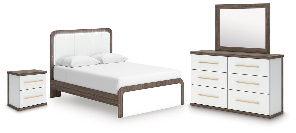 Upholstered platform bed with white panel headboard, plus matching nightstand and dresser mirror