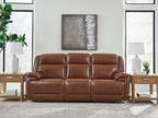 Dark brown leather power reclining sofa with three padded sections and recline seams