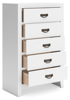 White five-drawer chest with one drawer open, showing interior and dark handles