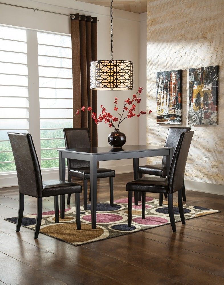 Dining table set with dark wood table and dark upholstered chairs