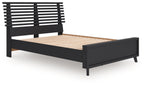 Black full slat panel bed with headboard slats and open underside storage space