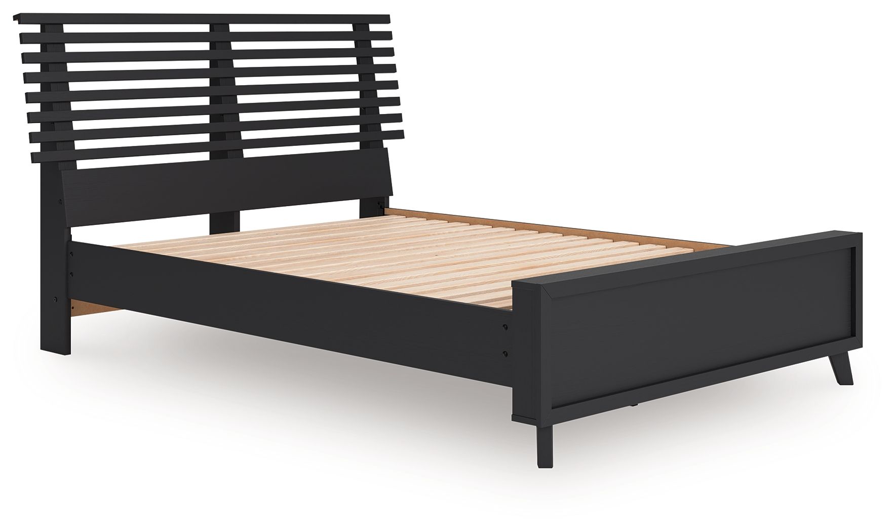 Black full slat panel bed with headboard slats and open underside storage space