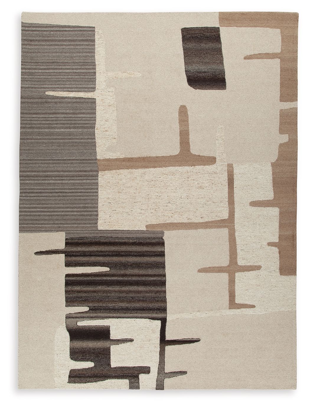 Abstract geometric area rug in cream with dark brown and gray rectangular shapes