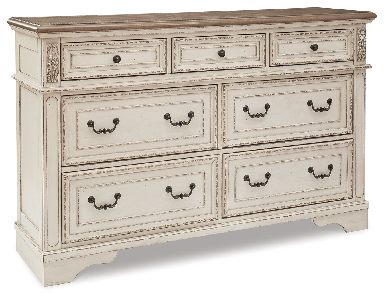 White dresser with six drawers and decorative rope pull handles