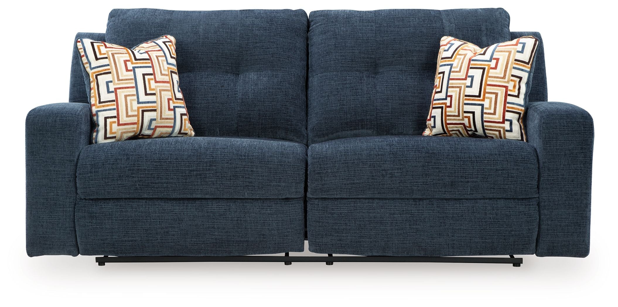 Ink blue 2-seat reclining sofa front view with two armrests and patterned back pillows