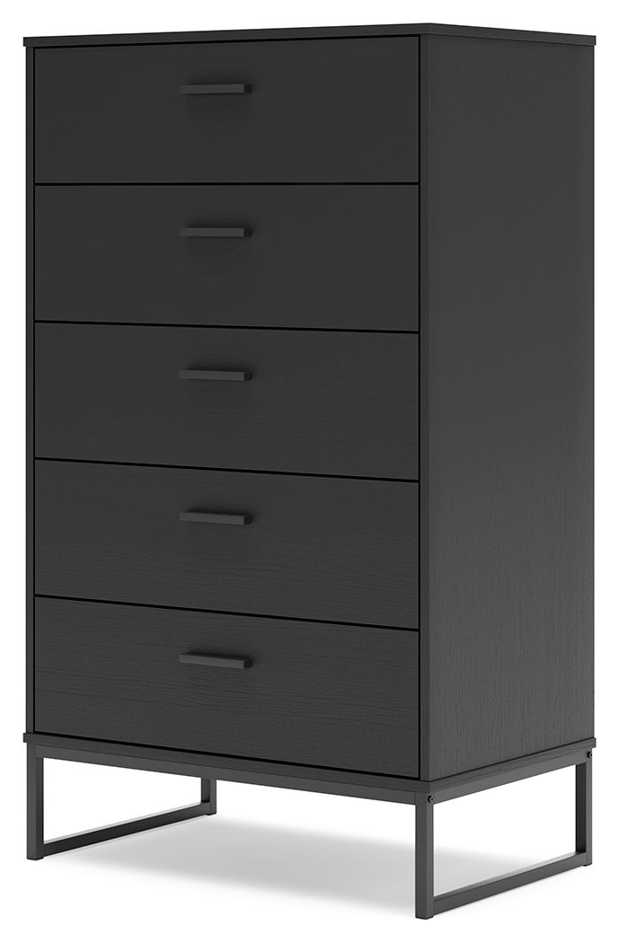 Black drawer chest with four drawers and bar handles, shown from the side