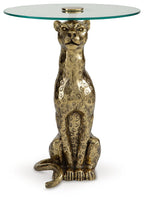 Accent table with round glass top and antique gold sitting animal sculpture base