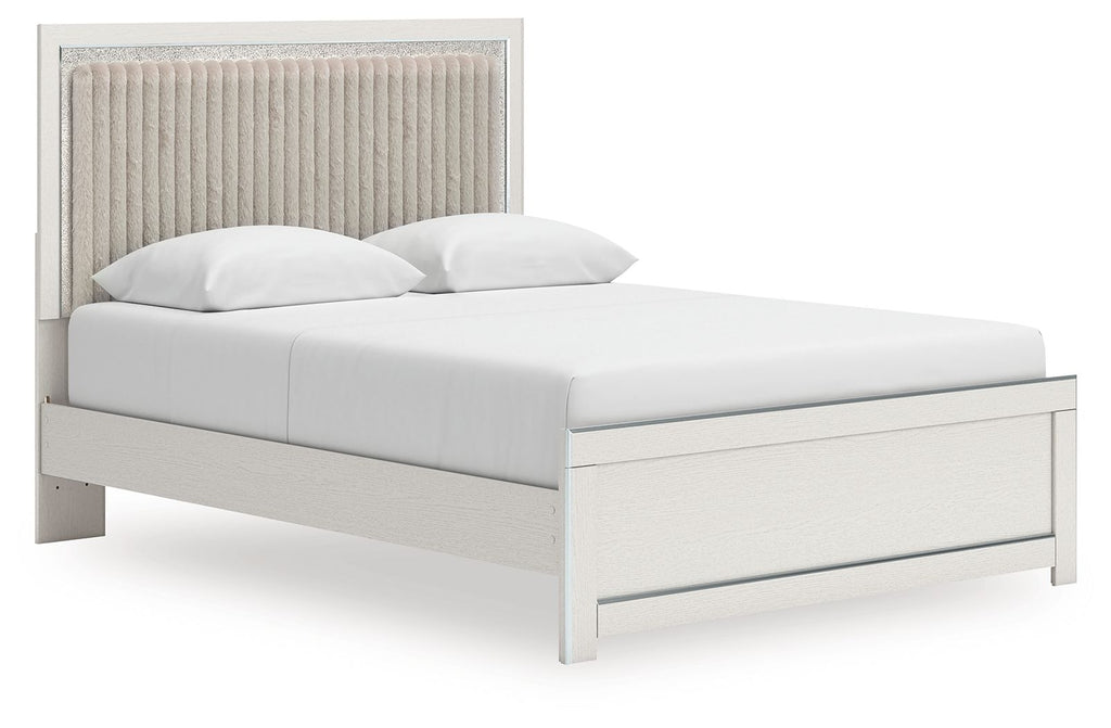 Upholstered panel platform bed with roll slats, light gray upholstered headboard and white linens
