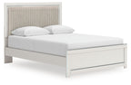 Upholstered panel platform bed with roll slats, light gray upholstered headboard and white linens