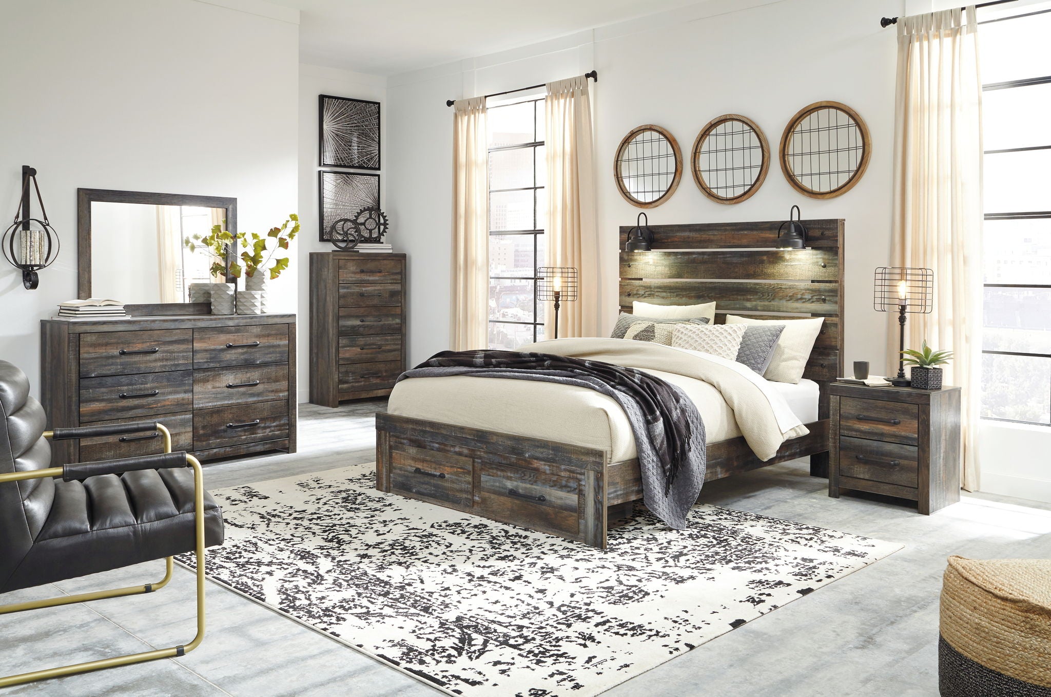 Dark wood panel bed with slatted headboard and footboard, white bedding and pillows
