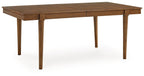 Brown rectangular extension dining table with centered seam and four tapered legs
